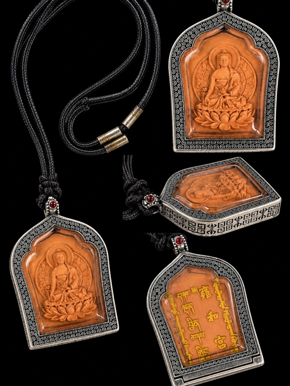 Vintage 80s Tibetan Buddha Amulet Pendant Necklace Carved Lotus Statement